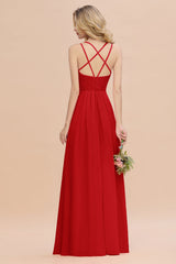 Modest Chiffon Bridesmaid Dress Aline V-neck Front Spit Lace Wedding Guest Dress Long