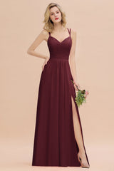Modest Chiffon Bridesmaid Dress Aline V-neck Front Spit Lace Wedding Guest Dress Long