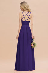 Modest Chiffon Bridesmaid Dress Aline V-neck Front Spit Lace Wedding Guest Dress Long