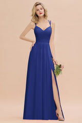 Modest Chiffon Bridesmaid Dress Aline V-neck Front Spit Lace Wedding Guest Dress Long