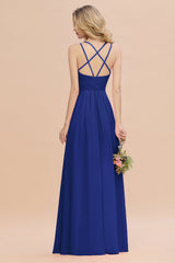 Modest Chiffon Bridesmaid Dress Aline V-neck Front Spit Lace Wedding Guest Dress Long