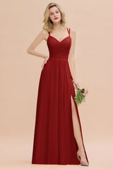 Modest Chiffon Bridesmaid Dress Aline V-neck Front Spit Lace Wedding Guest Dress Long