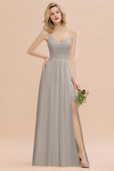 Modest Chiffon Bridesmaid Dress Aline V-neck Front Spit Lace Wedding Guest Dress Long