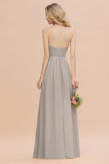 Modest Chiffon Bridesmaid Dress Aline V-neck Front Spit Lace Wedding Guest Dress Long