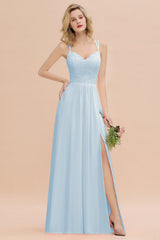 Modest Chiffon Bridesmaid Dress Aline V-neck Front Spit Lace Wedding Guest Dress Long