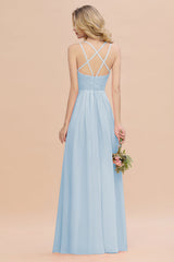 Modest Chiffon Bridesmaid Dress Aline V-neck Front Spit Lace Wedding Guest Dress Long