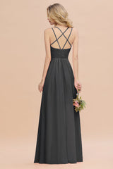 Modest Chiffon Bridesmaid Dress Aline V-neck Front Spit Lace Wedding Guest Dress Long