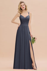 Modest Chiffon Bridesmaid Dress Aline V-neck Front Spit Lace Wedding Guest Dress Long