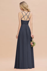 Modest Chiffon Bridesmaid Dress Aline V-neck Front Spit Lace Wedding Guest Dress Long