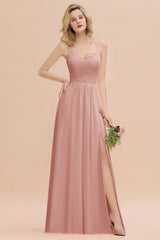 Modest Chiffon Bridesmaid Dress Aline V-neck Front Spit Lace Wedding Guest Dress Long