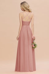 Modest Chiffon Bridesmaid Dress Aline V-neck Front Spit Lace Wedding Guest Dress Long