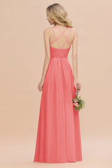Modest Chiffon Bridesmaid Dress Aline V-neck Front Spit Lace Wedding Guest Dress Long