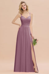 Modest Chiffon Bridesmaid Dress Aline V-neck Front Spit Lace Wedding Guest Dress Long