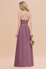 Modest Chiffon Bridesmaid Dress Aline V-neck Front Spit Lace Wedding Guest Dress Long