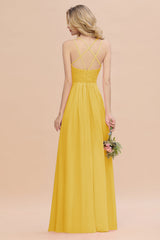 Modest Chiffon Bridesmaid Dress Aline V-neck Front Spit Lace Wedding Guest Dress Long