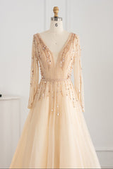 V Neck A-Line Evening Dress with Tulle & Sequins Long Sleeves