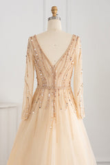 V Neck A-Line Evening Dress with Tulle & Sequins Long Sleeves