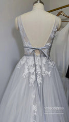 V Neck A Line Floral Silver Wedding Dresses VW1129