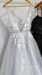 V Neck A Line Floral Silver Wedding Dresses VW1129