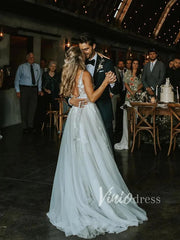V Neck A Line Floral Silver Wedding Dresses VW1129