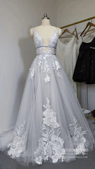 V Neck A Line Floral Silver Wedding Dresses VW1129