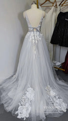 V Neck A Line Floral Silver Wedding Dresses VW1129