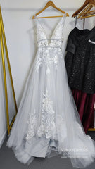 V Neck A Line Floral Silver Wedding Dresses VW1129