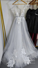 V Neck A Line Floral Silver Wedding Dresses VW1129