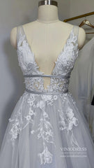 V Neck A Line Floral Silver Wedding Dresses VW1129