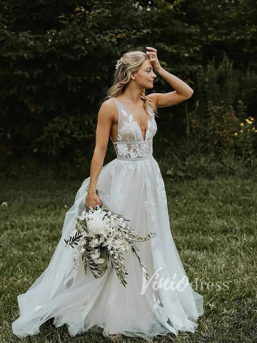 V Neck A Line Floral Silver Wedding Dresses VW1129