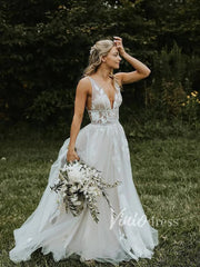 V Neck A Line Floral Silver Wedding Dresses VW1129
