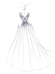 V Neck A Line Wedding Dress Long Sleeves Floor Length Lace Applique Tulle Bridal Dresses With Train