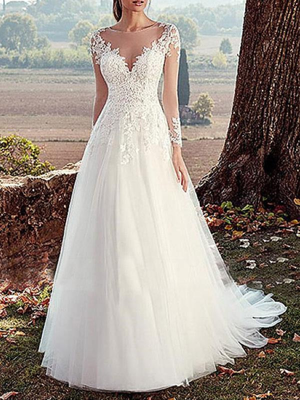 V Neck A Line Wedding Dress Long Sleeves Floor Length Lace Applique Tulle Bridal Dresses With Train