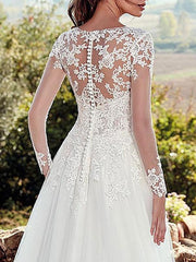 V Neck A Line Wedding Dress Long Sleeves Floor Length Lace Applique Tulle Bridal Dresses With Train