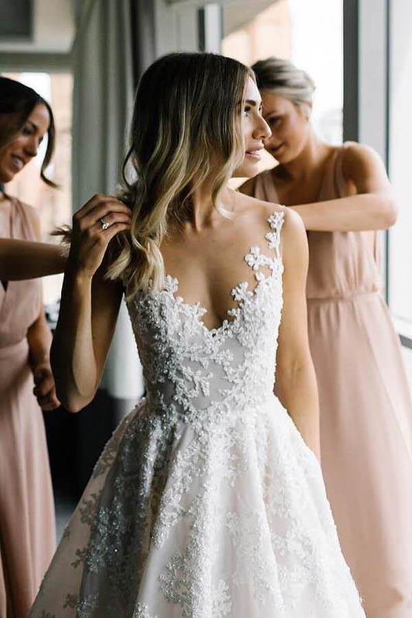 V-Neck A-Line Wedding Dress with Floral Beads Straps