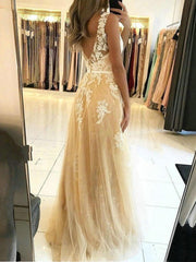 V Neck and V Back Champagne Lace Long Prom Dresses, Champagne Lace Formal Graduation Evening Dresses