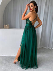 V Neck Backless Green Long Prom Dresses with Sequins Top, Backless Green Formal Graduation Evening Dresses