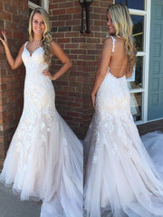 V Neck Backless Mermaid Champagne Lace Long Wedding Dresses with Train Tulle Bridal Dress