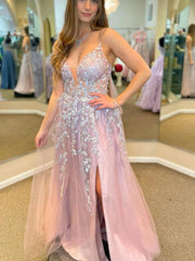 V Neck Backless Pink Long Prom Dresses with Lace Appliques, Pink Lace Formal Dresses, Long Pink Tulle Evening Dresses