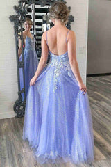 V Neck Backless Purple Lace Long Prom Dresses with 3D Flowers, Shiny Purple Lace Floral Formal Graduation Evening Dresses