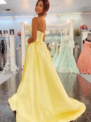 V Neck Backless Strapless Yellow Long Prom Dresses, Backless Yellow Formal Graduation Evening Dresses