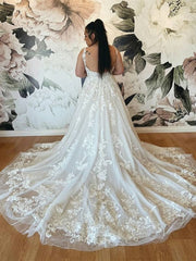 Backless White Tulle Lace Wedding Dresses V Neck Aline Bridal Dress
