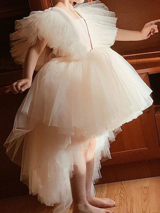 V Neck Ball Gown Knee Length Flower Girl Dress with Tulle and Tier Appliques