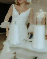 A Line Tulle V-neck Bell Wedding Dress with Ruching
