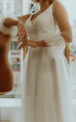A Line Tulle V-neck Bell Wedding Dress with Ruching