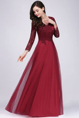 V-Neck Burgundy Bridesmaid Dresses Long Sleeves with Lace Appliques