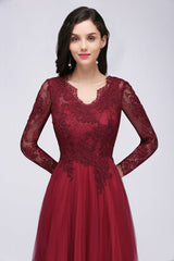 V-Neck Burgundy Bridesmaid Dresses Long Sleeves with Lace Appliques