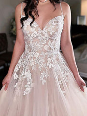 V Neck Champagne Lace Wedding Dresses Sweetheart Aline Tulle Wedding Dress with Straps