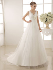 V-Neck Chapel Train Wedding Dress With Pearls Detailing