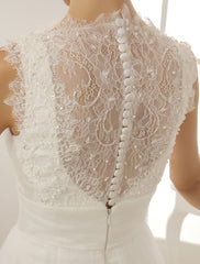 V-Neck Chapel Train Wedding Dress With Pearls Detailing